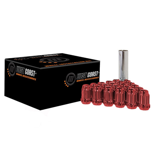 7/16" Bulge Acorn Spline Lug Nuts 1.38" 6 Lug Install Kit Red - 106103 - West Coast Wheel Accessories W56716SR