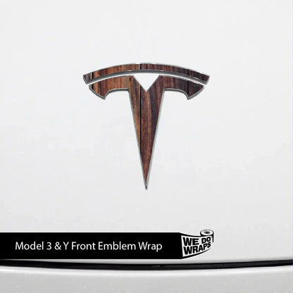 Wood Grain Tesla Emblem Decals (Front + Back) | Model Y