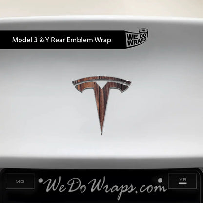 Wood Grain Tesla Emblem Decals (Front + Back) | Model Y