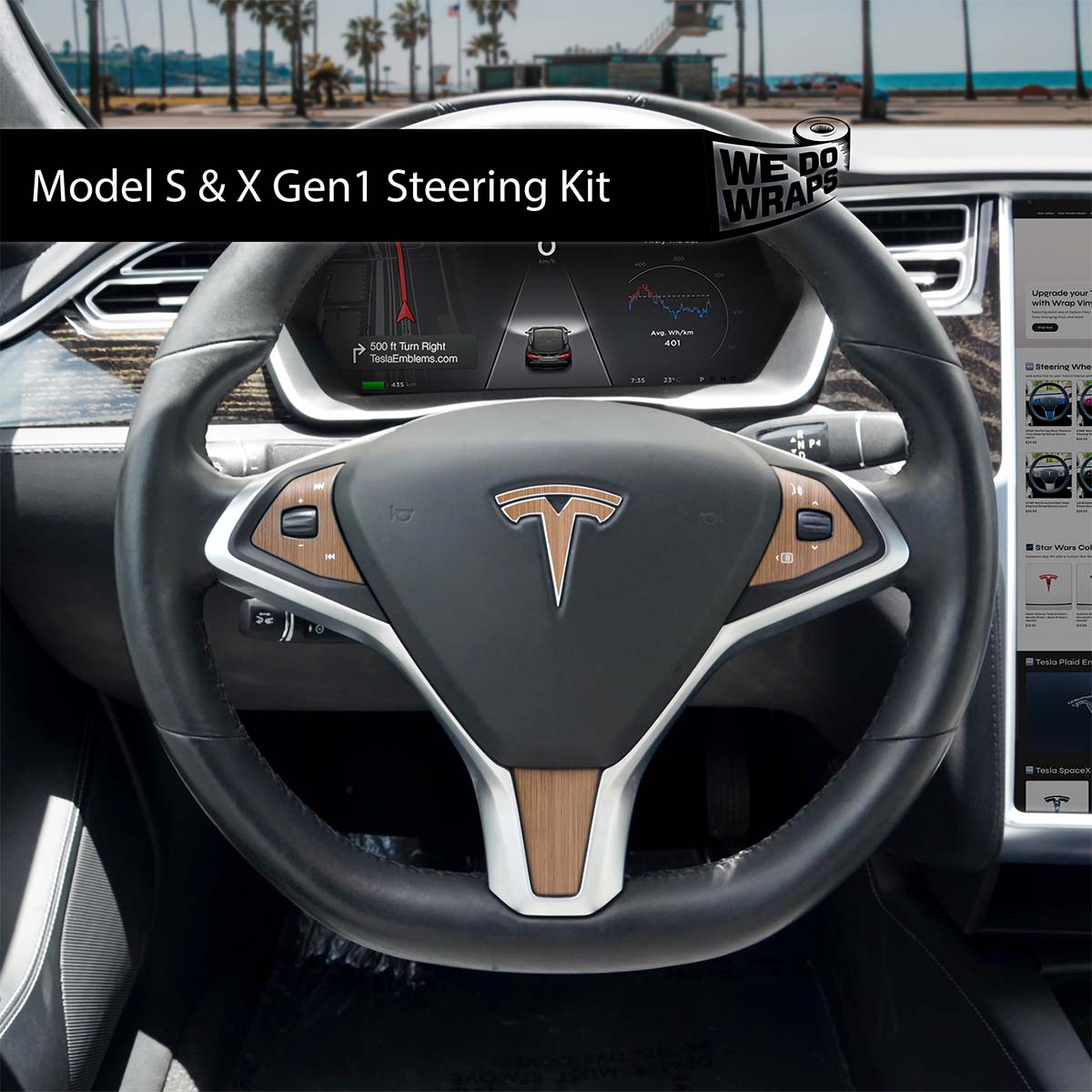 White Ash Woodgrain Tesla Steering Wheel Wrap | Model S