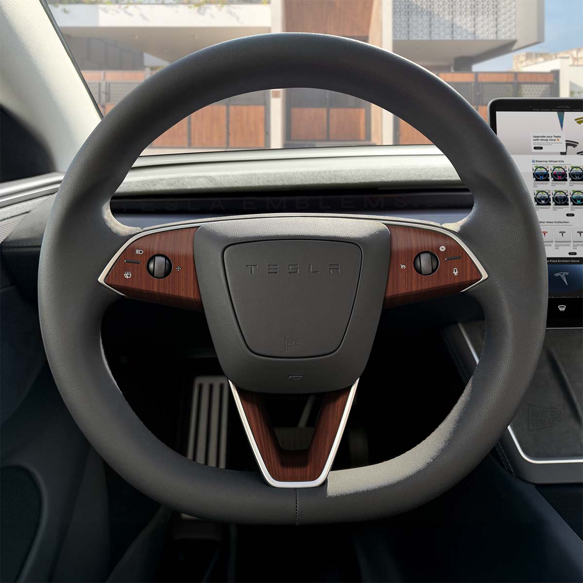 Redwood Woodgrain Tesla Steering Wheel Trim Decal Kit (3pcs) | MY 2026+ Refresh