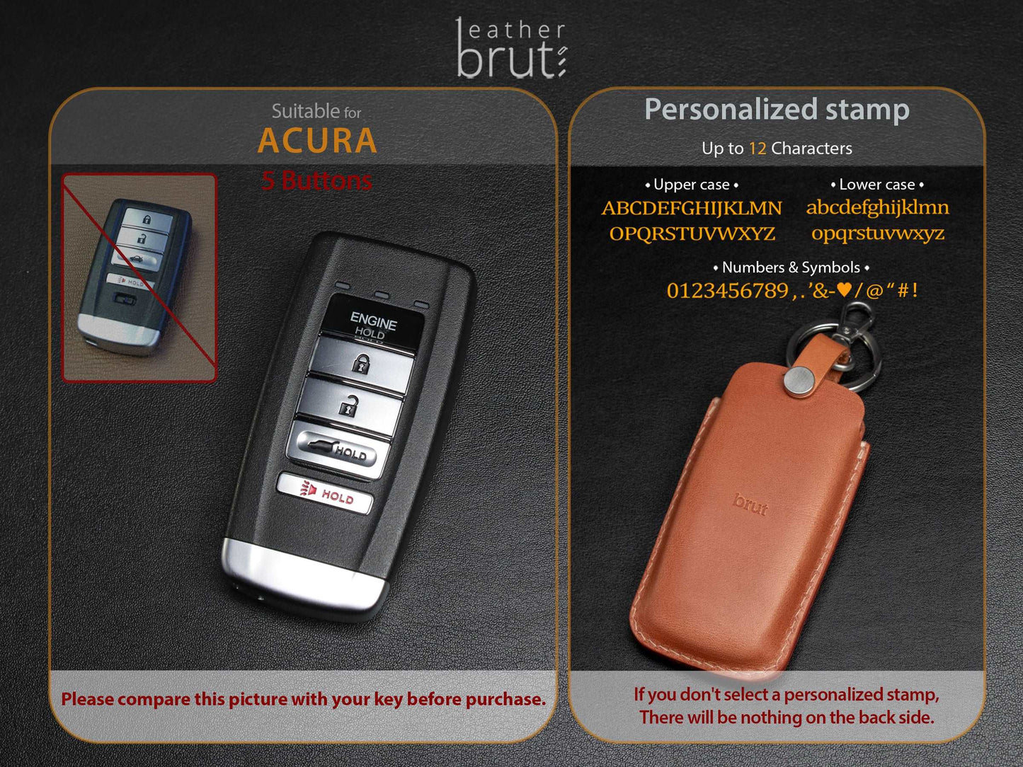 Acura [2-V2] Leather Key Fob  Case - Handcrafted in USA - Personalized Stamp