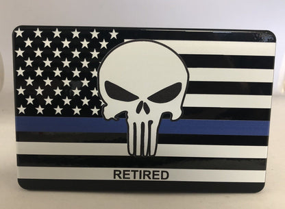 American Flag Blue Line Punisher Retired Full Color Billet Aluminum Hitch Cover