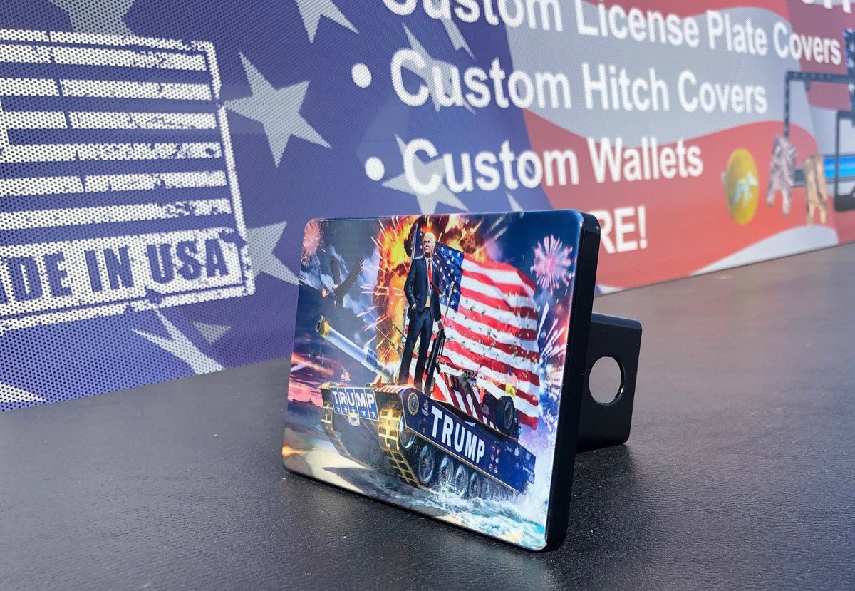 American Flag with Trump and Tank Full Color Billet Aluminum Hitch Cover