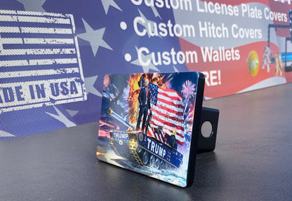American Flag with Trump and Tank Full Color Billet Aluminum Hitch Cover