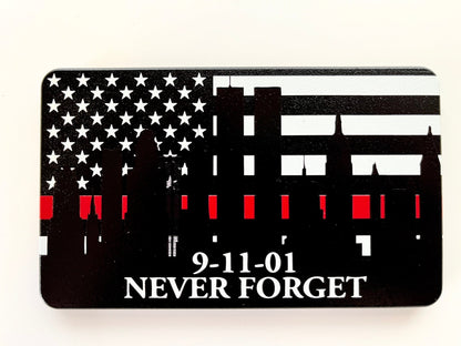 9/11 Never Forget Thin Red Line American Flag Full Color Billet Aluminum Hitch Cover