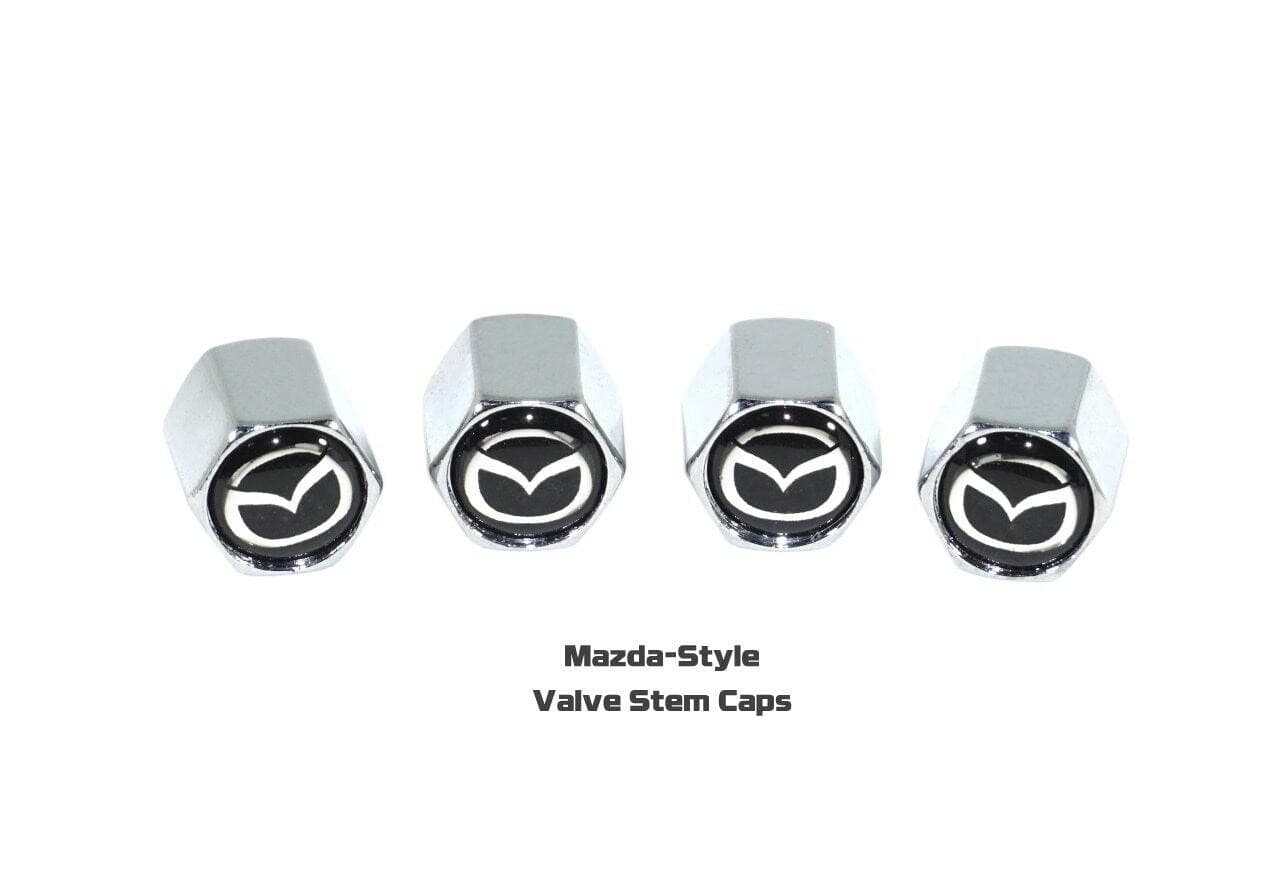 Chrome Valve Stem Tire Caps, Style: MAZDA on Black Background