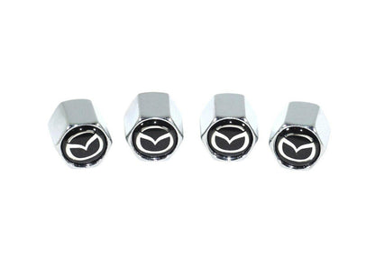 Chrome Valve Stem Tire Caps, Style: MAZDA on Black Background