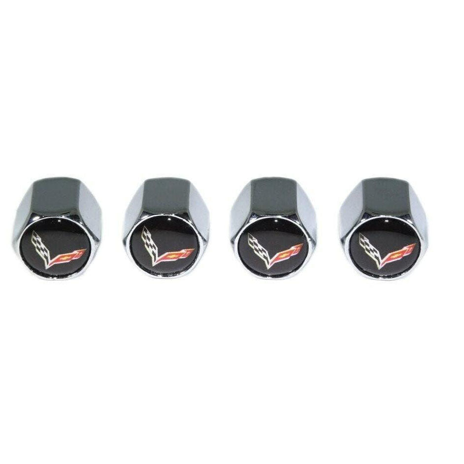 Chrome Valve Stem Tire Caps, Style: Corvette, Black Background