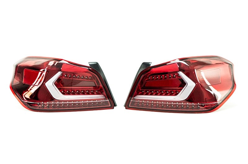 OLM Evolution Tail Lights - Clear Lens, Red Base, White Bar - 2015-2021 Subaru WRX / STI