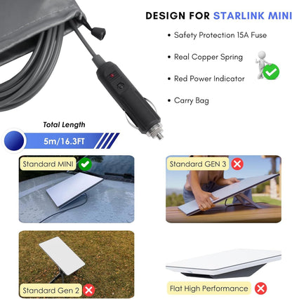 12V-24V Car Cigarette Lighter to DC Power Cable for Starlink Mini | 3M-10M