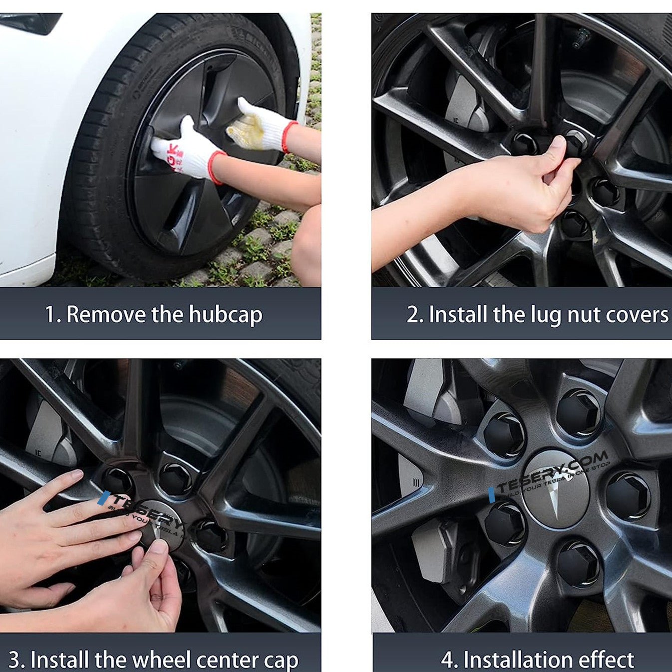 Wheel Center Cap Kit with Puller for Model 3/Y/S/X | 4 Hub Caps + 20 Lug Nut Covers