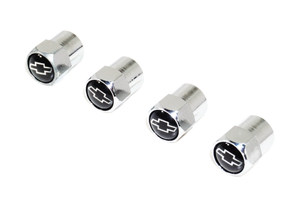 Chrome Valve Stem Tire Caps, Style: Chevy, Black & Chrome Bow-Tie