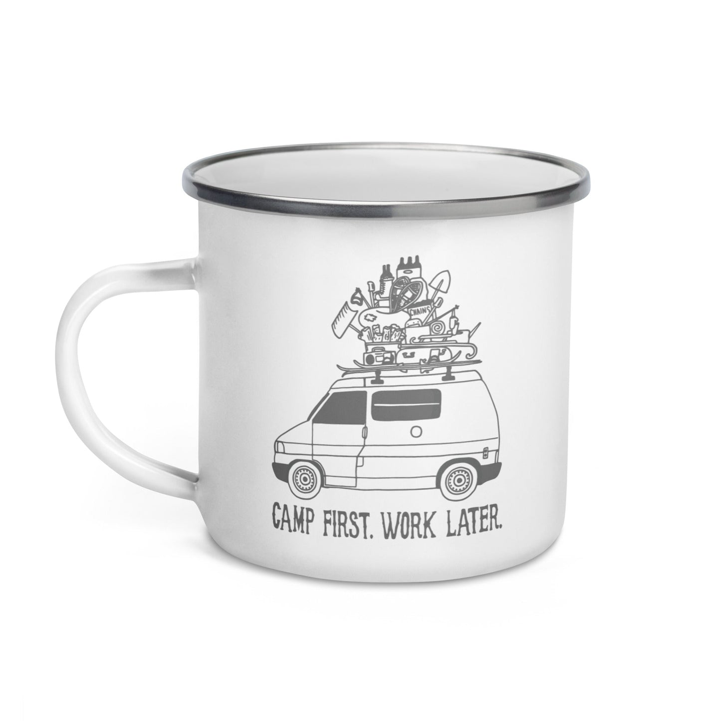 "Camp First, Work Later" Eurvoan Enamel Mug