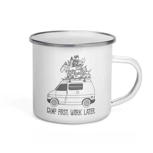 "Camp First, Work Later" Eurvoan Enamel Mug