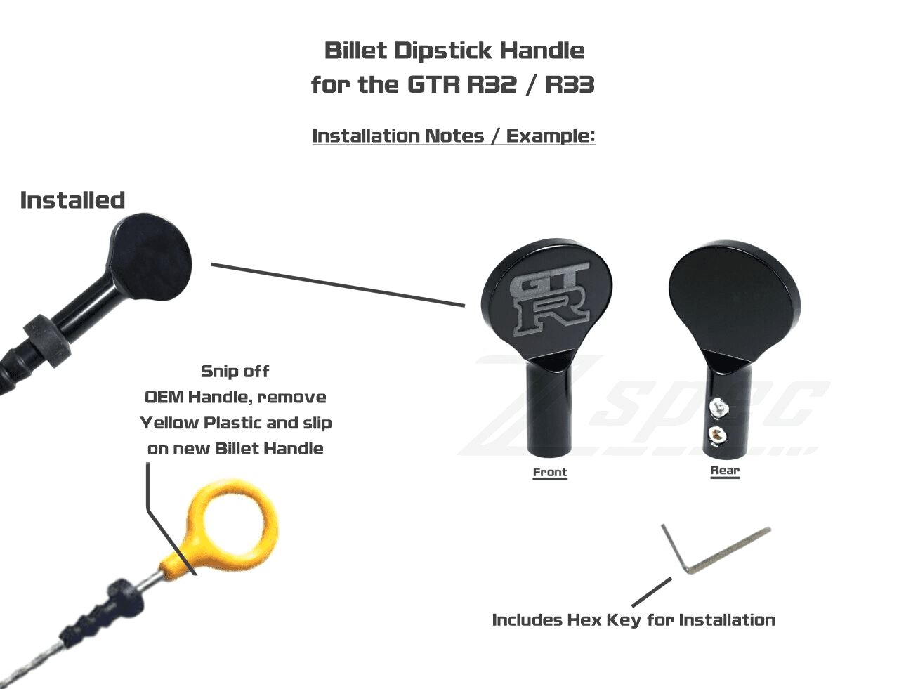 ZSPEC Dipstick Handle for Nissan GTR R32/R33 RB26, Billet, Black, w/ Hex Key