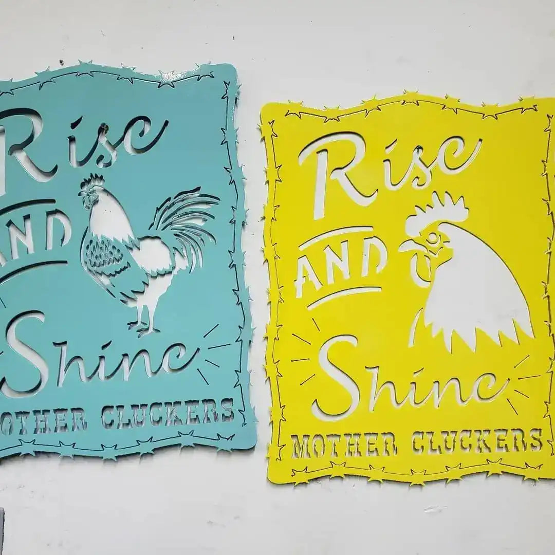 Rise and Shine Mother Cluckers Metal Sign – Rooster or Hen Design – Funny Farmhouse Wall Art with Barbed Wire Edge – 18"x14" Plasma Cut Steel