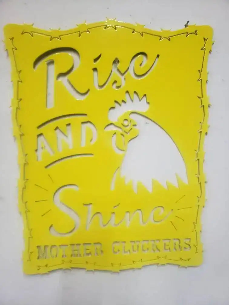 Rise and Shine Mother Cluckers Metal Sign – Rooster or Hen Design – Funny Farmhouse Wall Art with Barbed Wire Edge – 18"x14" Plasma Cut Steel