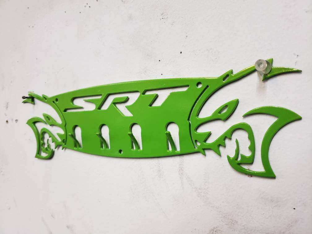 Dodge SRT Hellcat 4-Hook Steel Rack – Dual Hellcat Heads Wall Organizer 12"x4" SRT Text