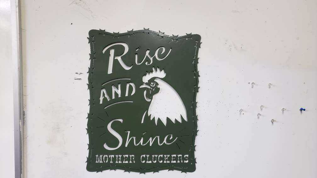 Rise and Shine Mother Cluckers Metal Sign – Rooster or Hen Design – Funny Farmhouse Wall Art with Barbed Wire Edge – 18"x14" Plasma Cut Steel