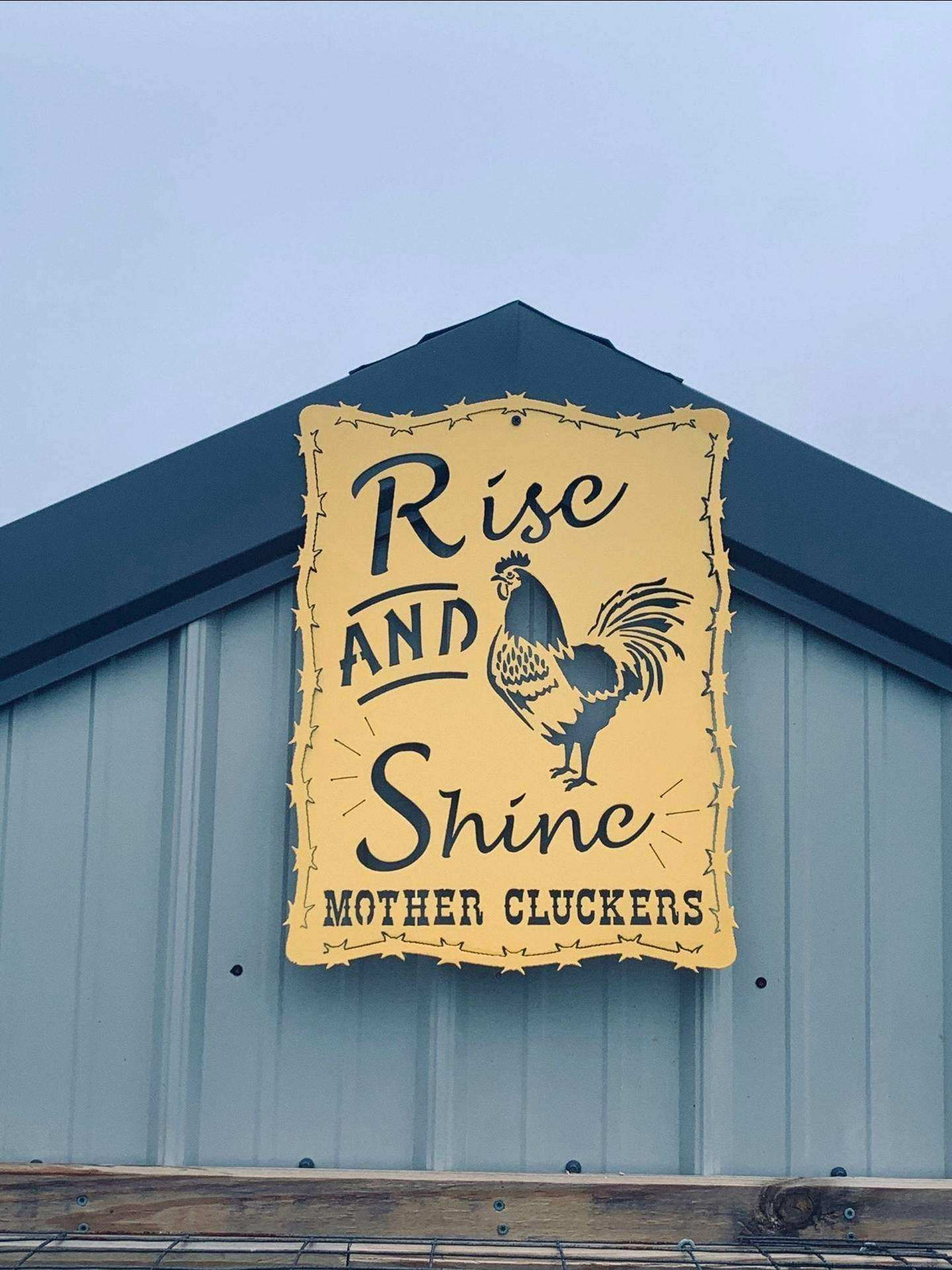 Rise and Shine Mother Cluckers Metal Sign – Rooster or Hen Design – Funny Farmhouse Wall Art with Barbed Wire Edge – 18"x14" Plasma Cut Steel