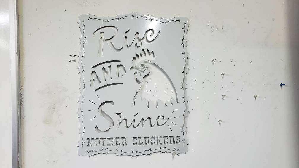 Rise and Shine Mother Cluckers Metal Sign – Rooster or Hen Design – Funny Farmhouse Wall Art with Barbed Wire Edge – 18"x14" Plasma Cut Steel