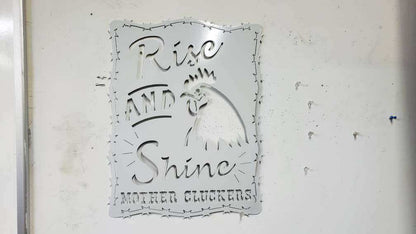 Rise and Shine Mother Cluckers Metal Sign – Rooster or Hen Design – Funny Farmhouse Wall Art with Barbed Wire Edge – 18"x14" Plasma Cut Steel