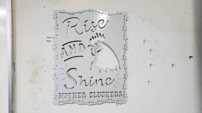 Rise and Shine Mother Cluckers Metal Sign – Rooster or Hen Design – Funny Farmhouse Wall Art with Barbed Wire Edge – 18"x14" Plasma Cut Steel