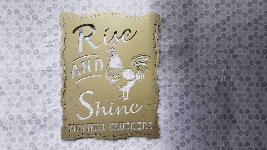 Rise and Shine Mother Cluckers Metal Sign – Rooster or Hen Design – Funny Farmhouse Wall Art with Barbed Wire Edge – 18"x14" Plasma Cut Steel