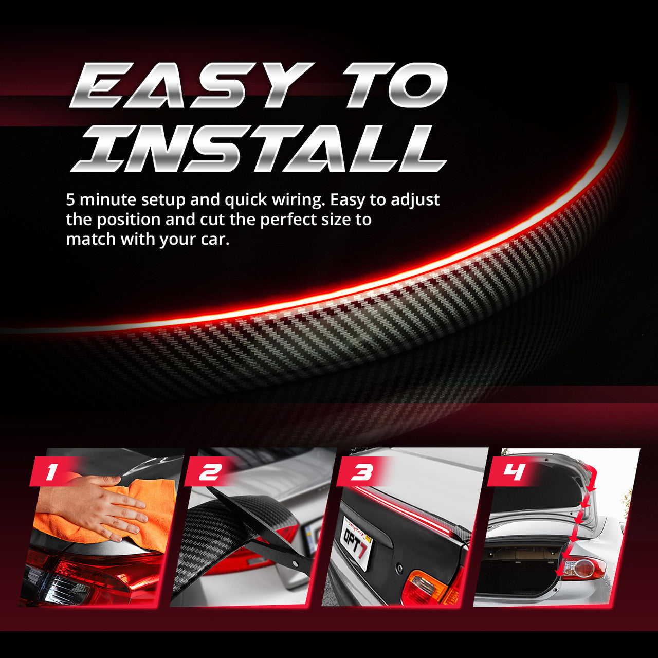 OPT7 Universal LED Rear Spoiler Lip Kit (3.9ft) for Car Trunk Exterior Accessories Brake light Universal Fit for Roof Wing