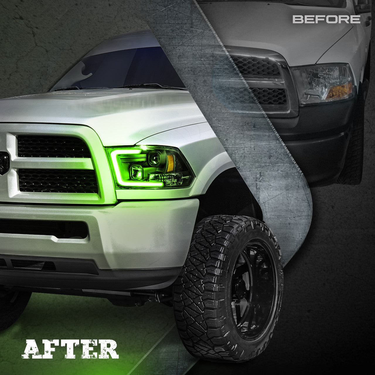 AURA 09-18 Ram Bundle- RGBW Headlights +Interior + Quantum Rock lights + Grille w- Bluetooth