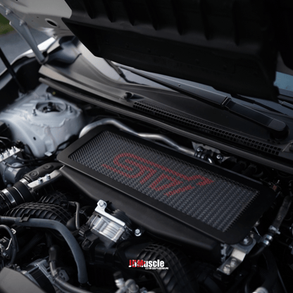 JDMuscle [22-26 WRX, 19+ Ascent, 20+ Outback, 20+ Legacy] Top Mount Intercooler Mesh Guard with WRX/STI Logo-Red/White