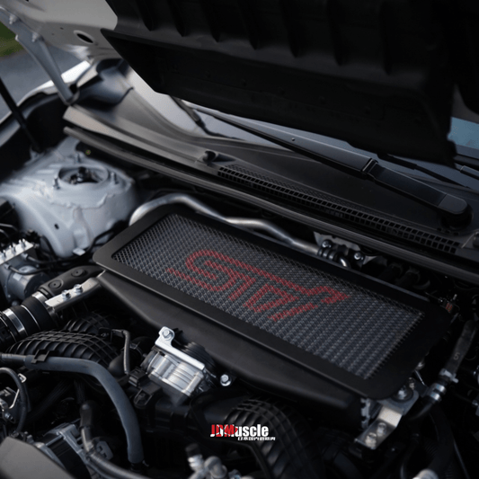 JDMuscle [22-26 WRX, 19+ Ascent, 20+ Outback, 20+ Legacy] Top Mount Intercooler Mesh Guard with WRX/STI Logo-Red/White