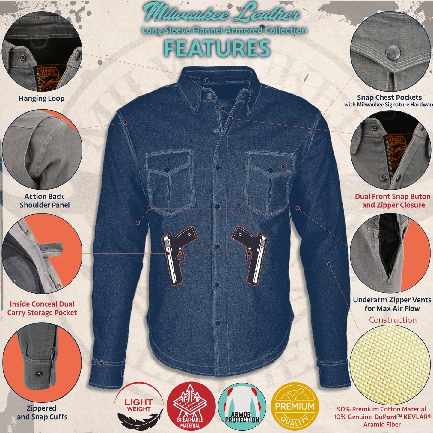 Milwaukee Leather Men's Whistler Multi/Color CE Armored Flannel Shirt with Aramid Reinforced Zones - MPM1625