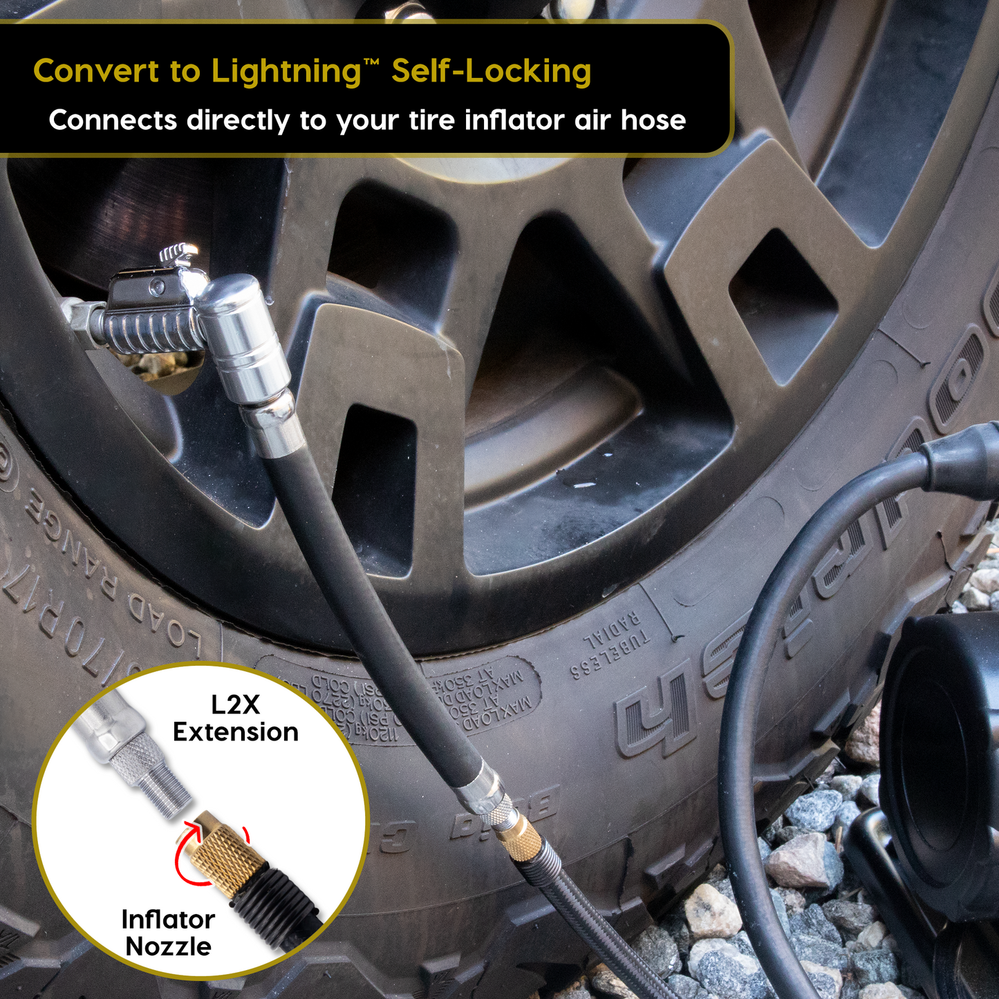 Lightning™ L2X Quick-Connect Locking Tire Inflator Air Chuck Extension | Patented Lock-on Compressor Hose Attachment (Open Flow)