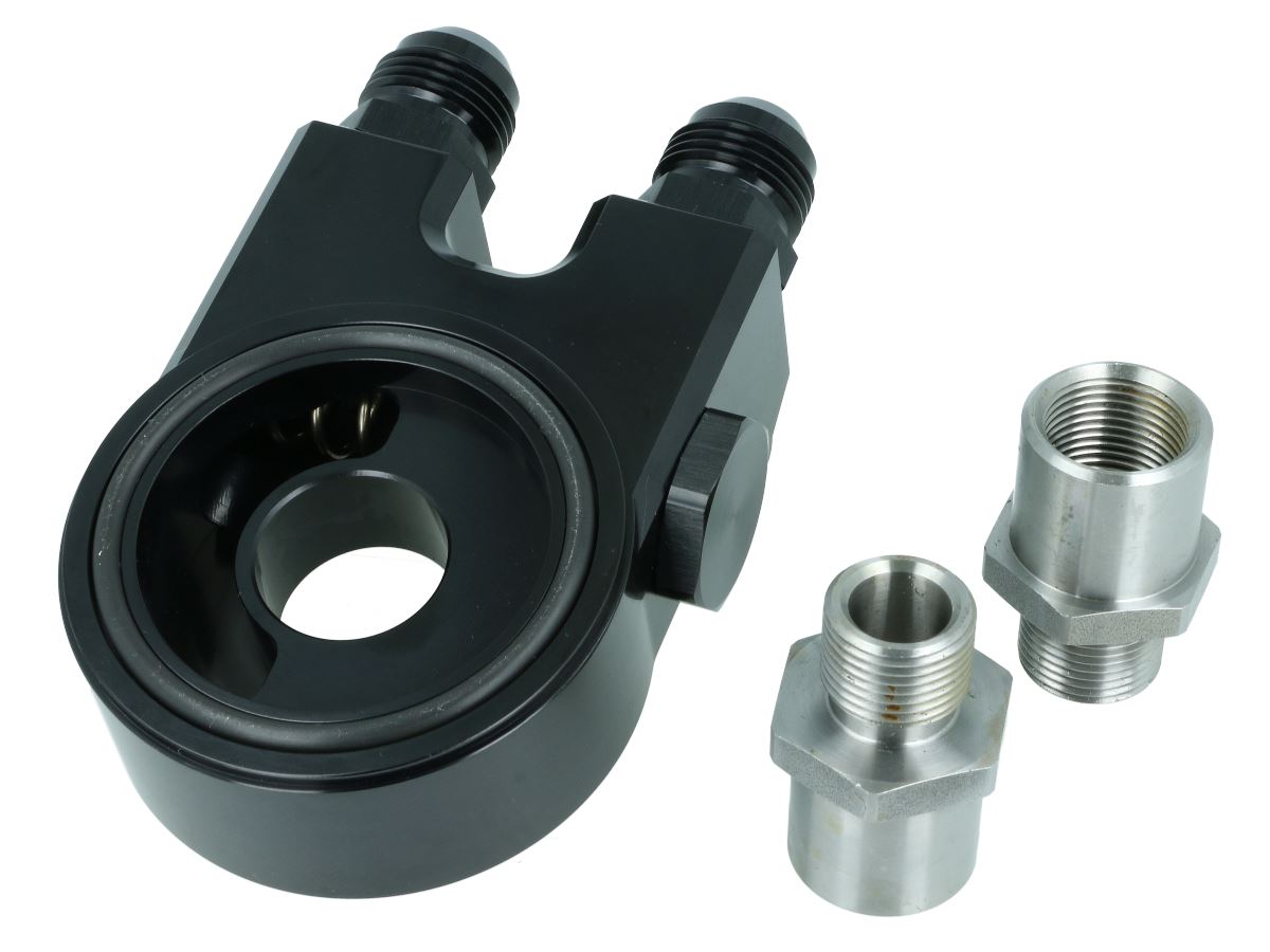 BOOST Products Oil Filter Sandwich Adapter with Thermostat (70 C) and 4x ORB Dash 8 Ports - satin black