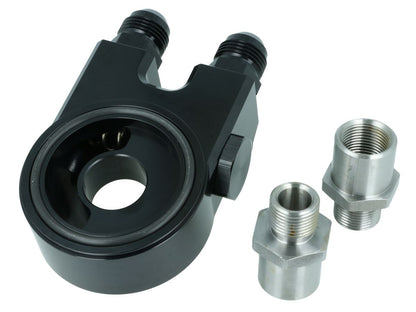 BOOST Products Oil Filter Sandwich Adapter with Thermostat (70 C) and 4x ORB Dash 8 Ports - satin black