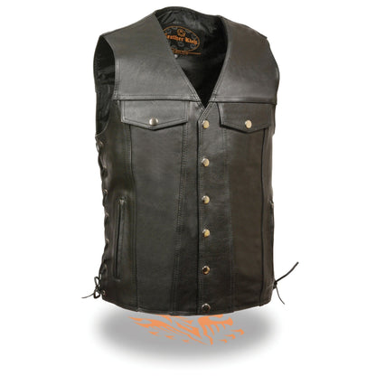 Milwaukee Leather LKM1360 Men's Black Leather Classic V-Neck Motorcycle Rider Vest w/ Snaps and Side Laces Closure