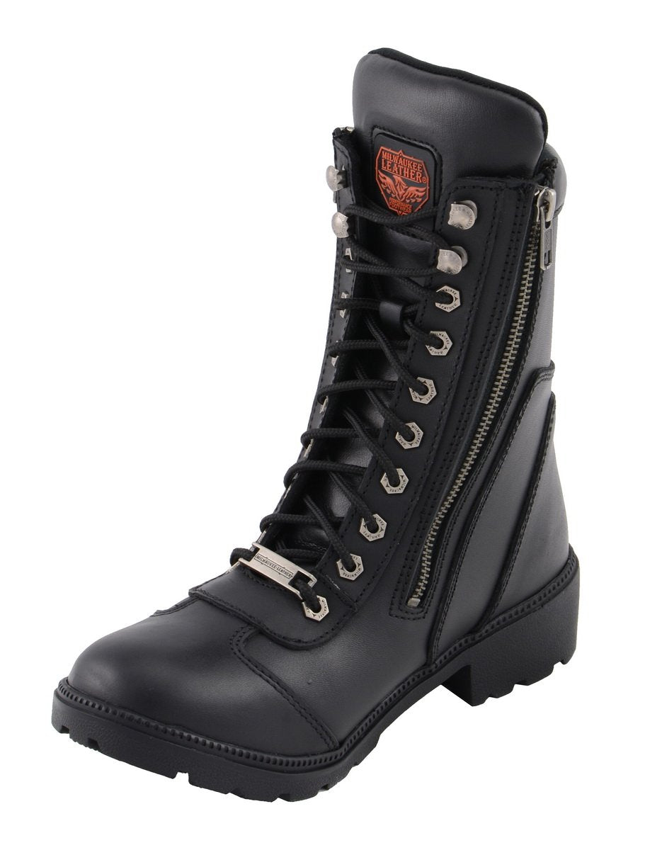 Milwaukee Leather MBL9301 Women's Black Leather Lace-Up Motorcycle Biker Riding Boots with Side Zipper Entry