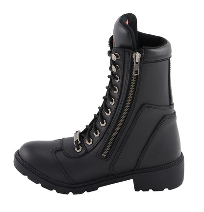 Milwaukee Leather MBL9301 Women's Black Leather Lace-Up Motorcycle Biker Riding Boots with Side Zipper Entry