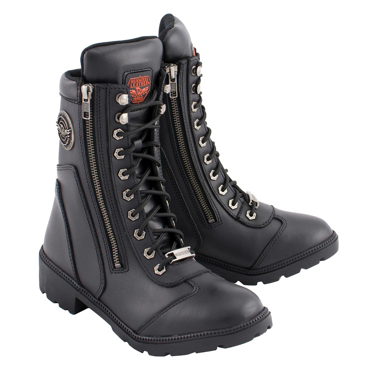 Milwaukee Leather MBL9301 Women's Black Leather Lace-Up Motorcycle Biker Riding Boots with Side Zipper Entry