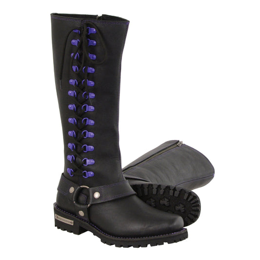 Milwaukee Leather Women's Black 14-inch Leather Harness Motorcycle Boots with Purple Accent Lacing MBL9366