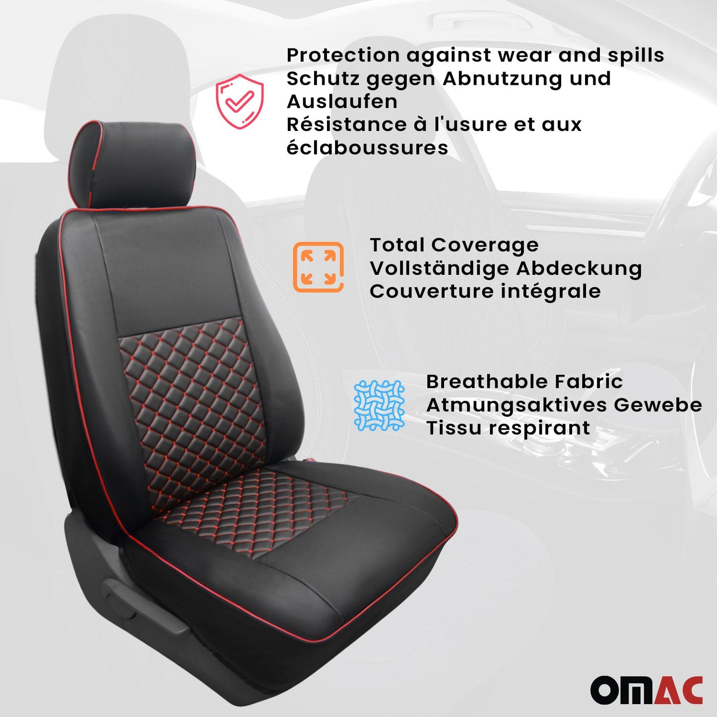 OMAC Leather Front Car Seat Covers Protector for RAM ProMaster 2014-2024 Black Red 2523321SK1-SET