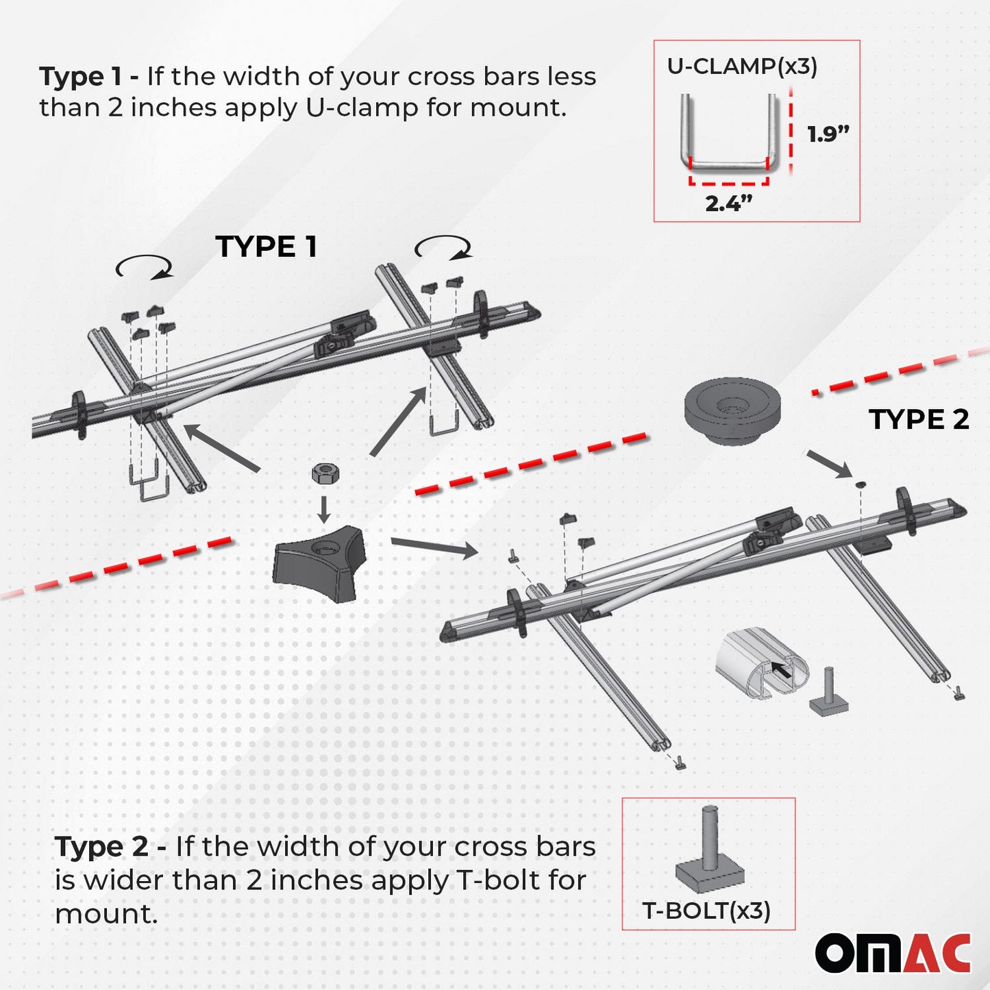 OMAC Bike Rack Carrier Roof Racks Set fits VW Tiguan 2009-2017 Gray 3x U020753