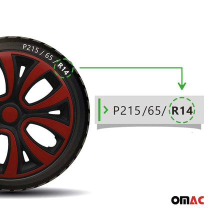 OMAC Hubcaps 14" Inch Wheel Rim Cover Glossy Black with Red Insert 4pcs Set 99FR241B14R