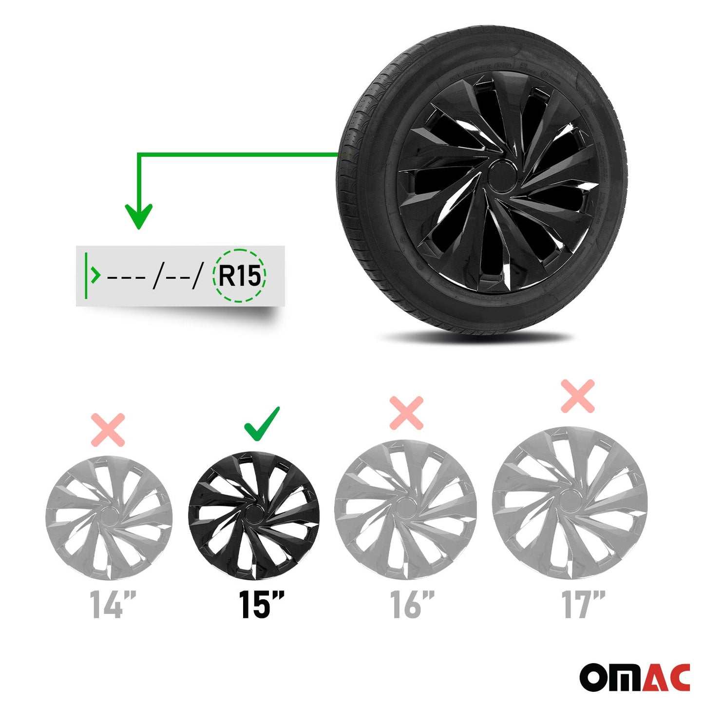 OMAC 15 Inch Wheel Rim Covers Hubcaps for Porsche Black Gloss A017776