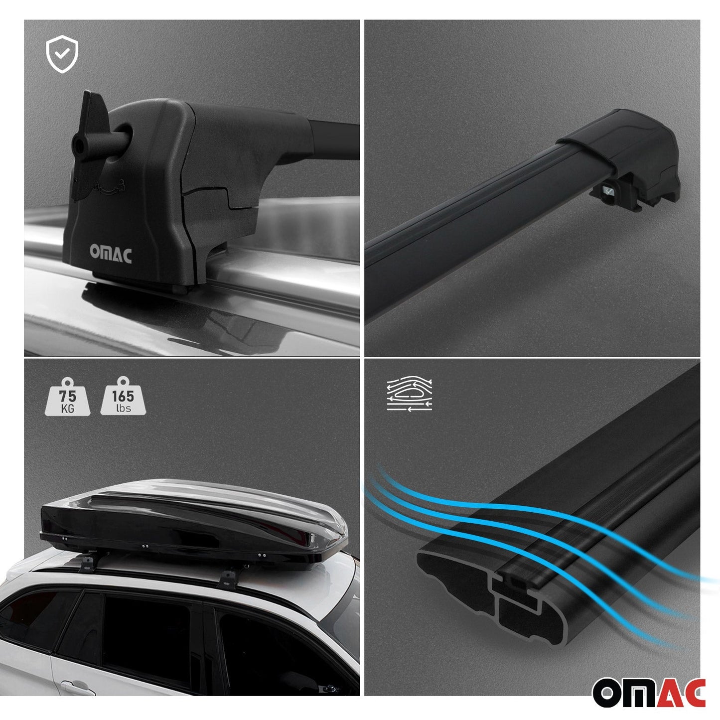 OMAC Alu Roof Racks Cross Bars Luggage for BMW 2 Series Active Tourer 2014-2021 Black 1227916B