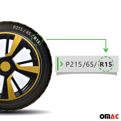 OMAC 15" Hubcaps Wheel Rim Cover Black with Yellow Insert 4pcs Set VRT99FR243B15Y