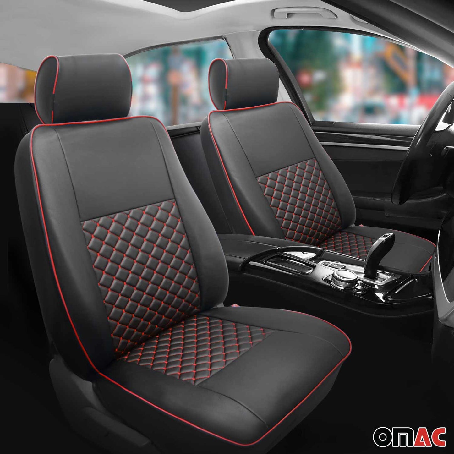 OMAC Leather Front Car Seat Covers Protector for VW Eurovan 1993-2003 Black Red 7521321A-SK1