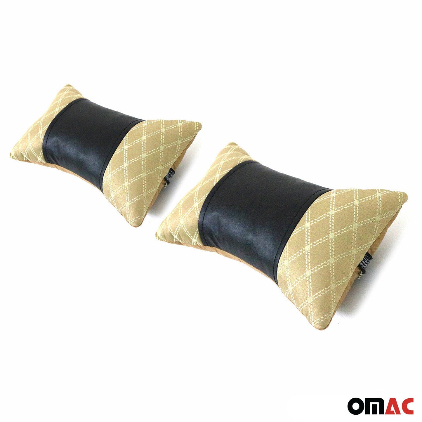 OMAC 2x Car Seat Neck Pillow Head Shoulder Rest Pad Fabric and PU Leather Beige 96312-BB1-SET
